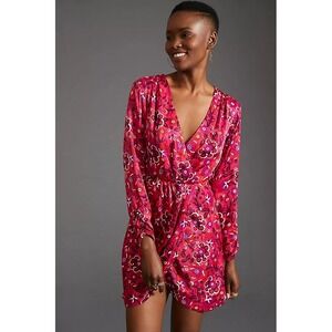 Anthropologie Maeve Mini Wrap Dress Womens L Pink Floral Tulip Hem Long Sleeve